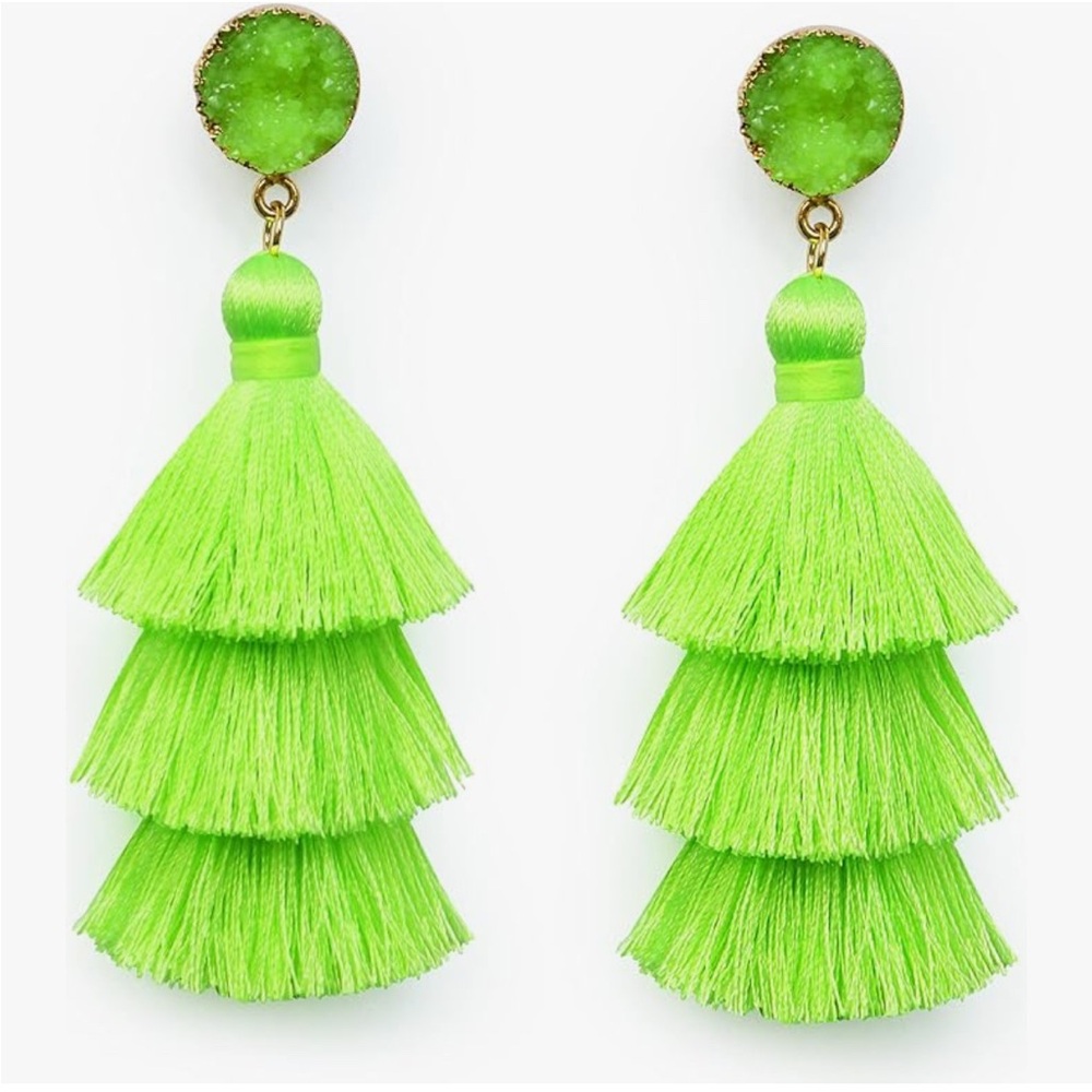 Lime green druzy tassel earrings